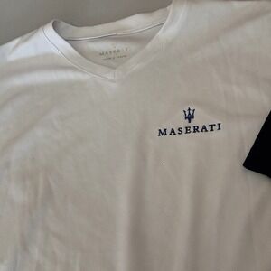 Maserati T-Shirt Mens M White Navy Excellent V-Neck Short Sleeve Performance